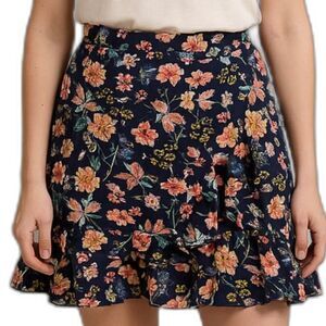 Women's Navy Blue Floral Ruffle Hem Mini Skirt - Size M, Perfect for Vacation